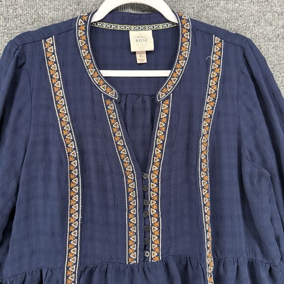 Old Navy Blouse Top Womens XL Blue Embroidered Boho Peasant Cottagecore Western - Picture 2 of 8